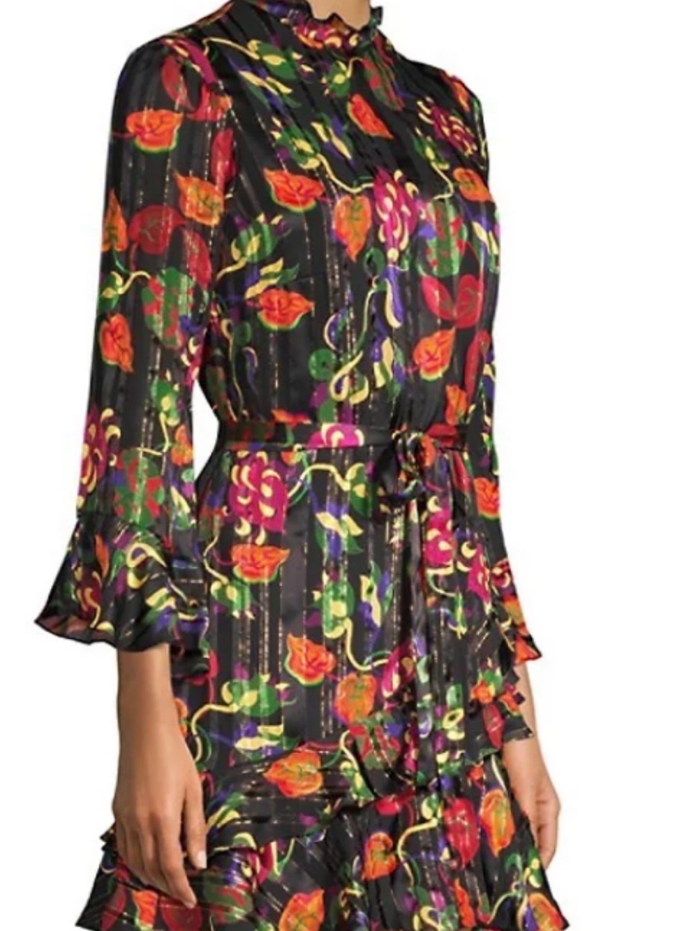 Saloni Floral Ruffle Midi Dress in Black with Multicolor Print Lure